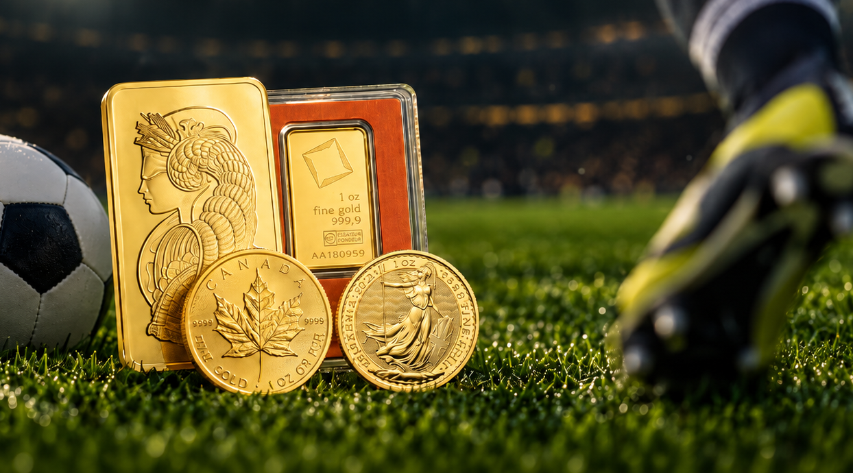 Guldprodukter och fotboll på en fotbollsplan